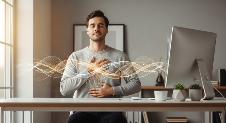 Breathing Techniques for Focus: 7 Powerful Ways to Crush Stress. 5 Professional person practicing breathing exercises at desk with subtle energy waves representing calm focus