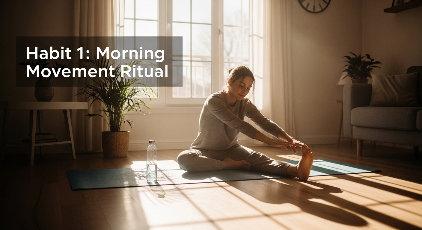 10 Healthy Habits: Proven Ways to Unlock Lasting Balance. 3 Morning movement ritual showing a person stretching at home, illustrating 10 Healthy Habits