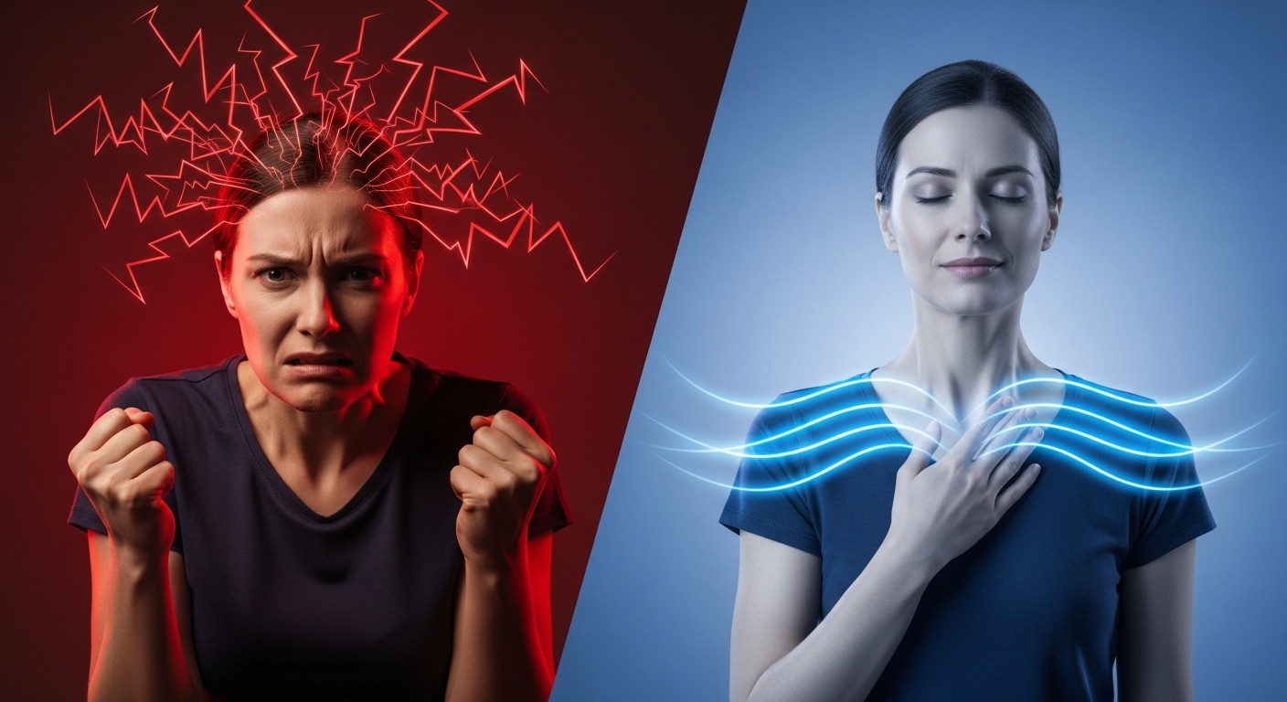 Breathing Techniques for Focus: 7 Powerful Ways to Crush Stress. 2 plit image showing person transformed from stressed with chaotic energy to calm with flowing peaceful energy through breathing