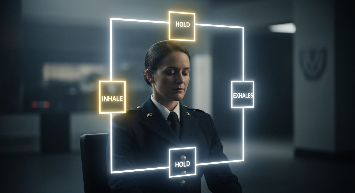 Breathing Techniques for Focus: 7 Powerful Ways to Crush Stress. 3 Professional practicing box breathing technique with glowing square pattern showing the four-count breathing rhythm.