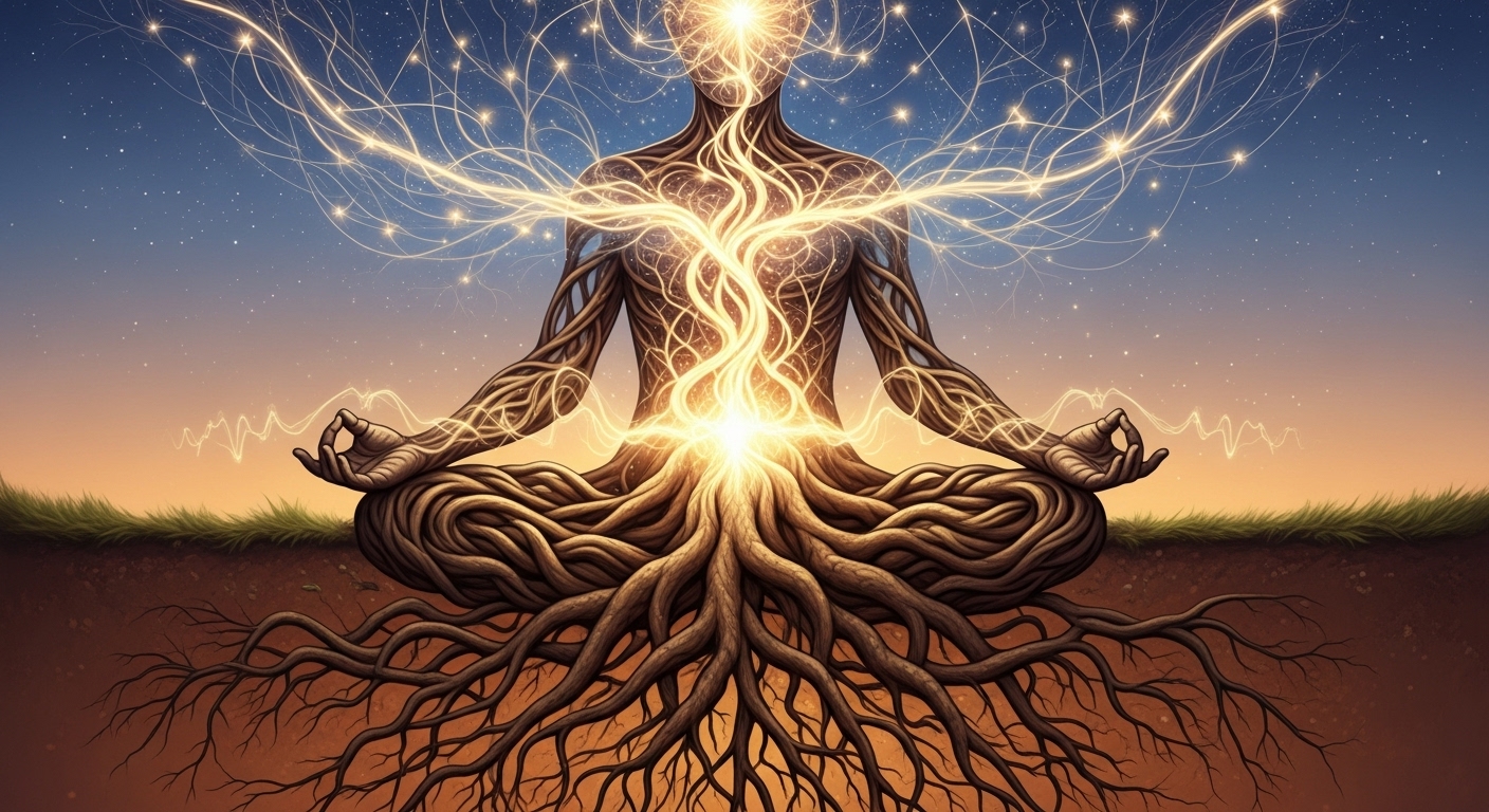 Breathing Techniques for Focus: 7 Powerful Ways to Crush Stress. 4 Artistic visualization of person with tree root foundation and neural network crown connected by golden breath energy