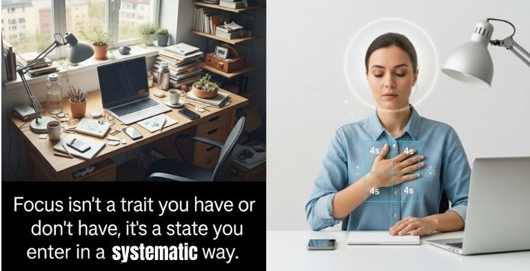 New Mindset: 5 Bold Breathing Shifts to Unlock Energy. 3 Professional using new mindset focus lock breathing pattern to achieve laser-sharp concentration at work
