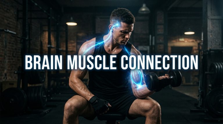 Glowing brain muscle connection signal flowing into a flexing bicep during strength training.