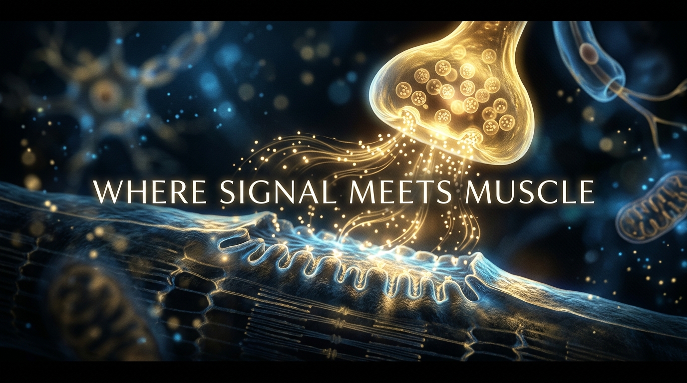 Brain muscle connection: 5 Hacks to Boost Strength & Focus. 2 Glowing neuromuscular junction showing how the brain muscle connection signal fires into a muscle fiber.