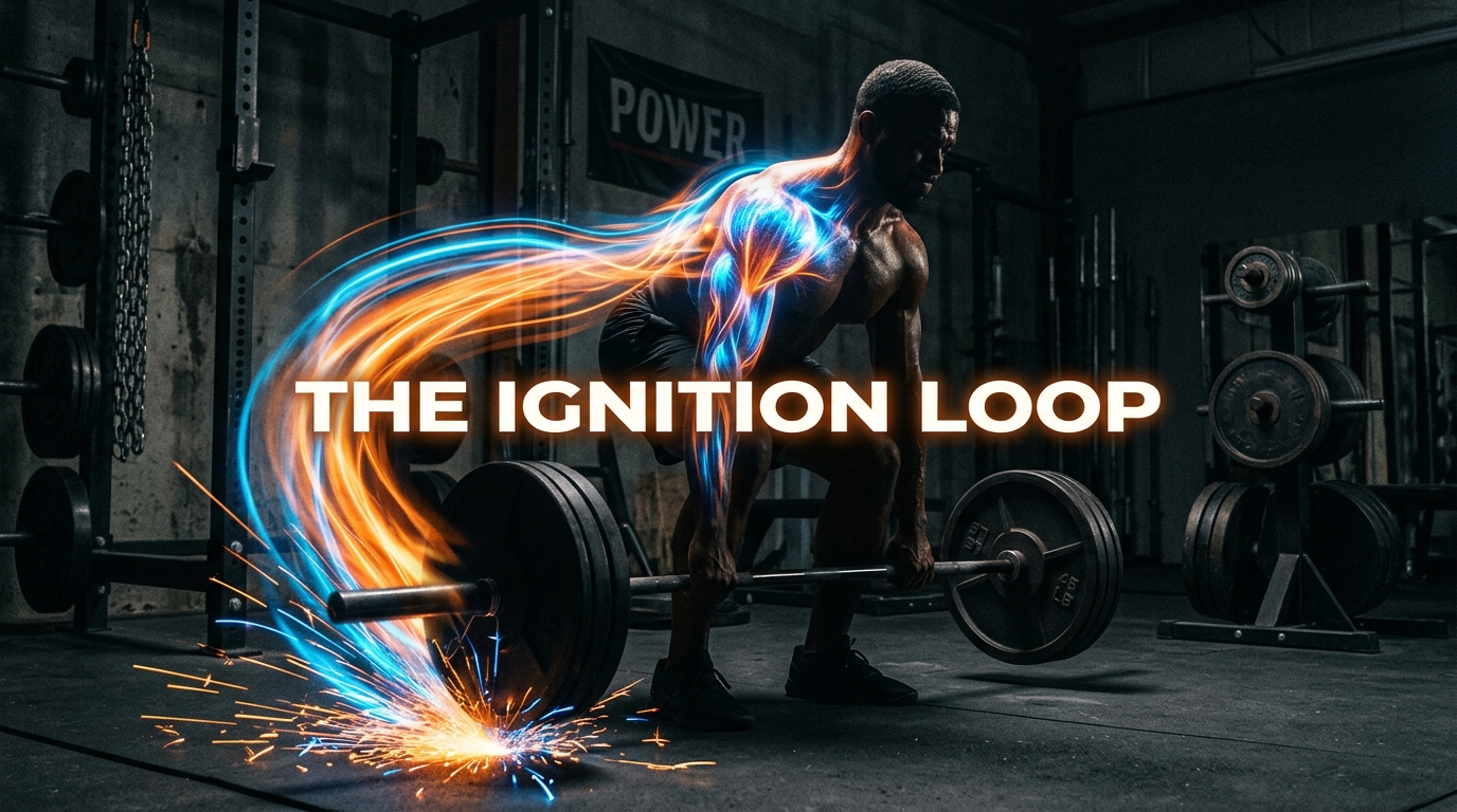 Brain muscle connection: 5 Hacks to Boost Strength & Focus. 3 The Ignition Loop framework visualized as glowing energy powering the brain muscle connection during a lift.