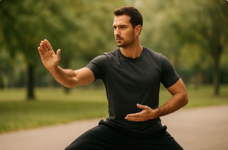 Delayed Onset Muscle Soreness: 5 Mindfulness Secrets for Faster Recovery & Strength. 4 Athlete performing slow Tai Chi movement for mindful recovery.