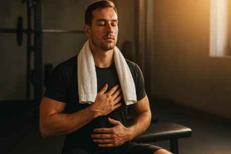 Delayed Onset Muscle Soreness: 5 Mindfulness Secrets for Faster Recovery & Strength. 4 Athlete sitting on gym bench with towel, eyes closed in mindful breathing pose after workout.