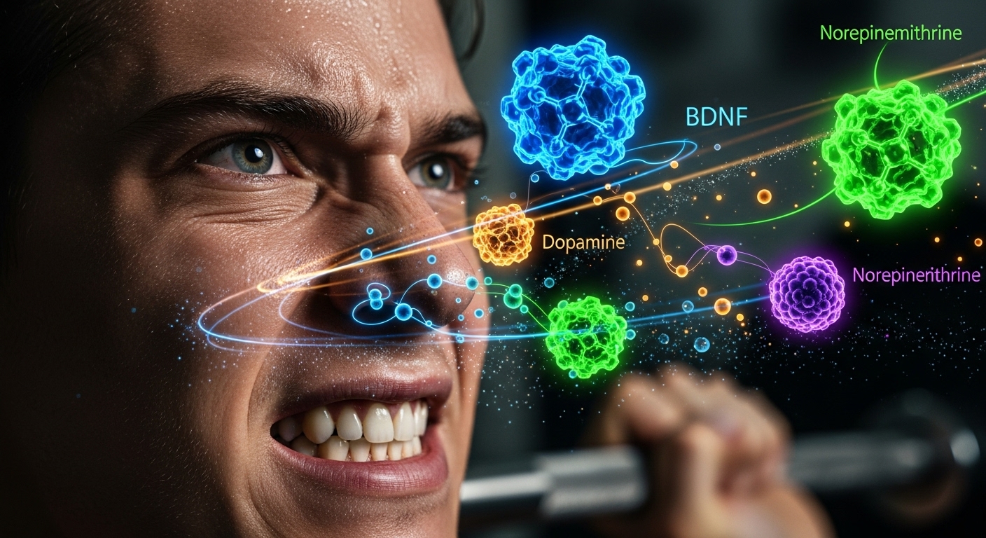  Focused athlete's face with glowing BDNF molecules and neurotransmitters representing brain chemistry activation.