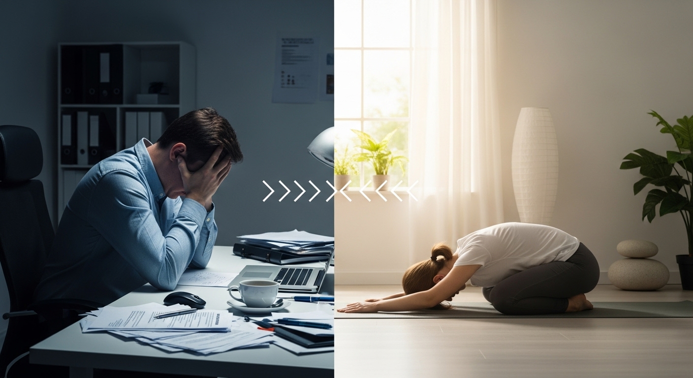 Professional transitioning from stress to calm using 10-minute techniques to change your life at work
