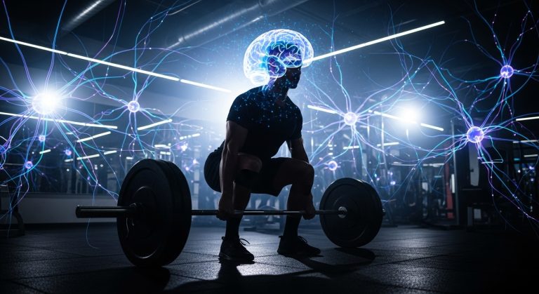 Mind Clarity: 7 Rare Weightlifting Secrets for Peak Performance. 10 Silhouette of person deadlifting with glowing neural network overlay representing mind clarity connection