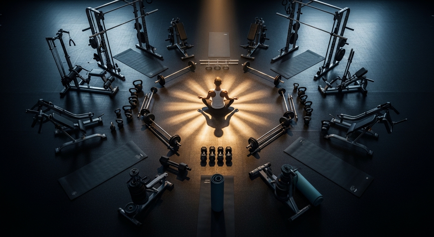 Overhead view of gym equipment arranged around meditating person with golden light representing mind clarity development