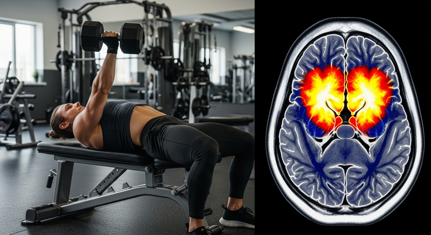 Person doing single-arm press next to brain scan showing enhanced hemisphere communication