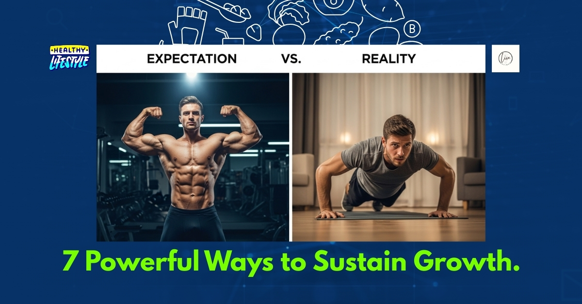 Reality vs Expectations: 7 Powerful Ways to Sustain Growth. 1 Reality vs Expectations Split screen image showing polished gym expectation on left versus realistic home workout reality on right, illustrating fitness journey expectations vs reality