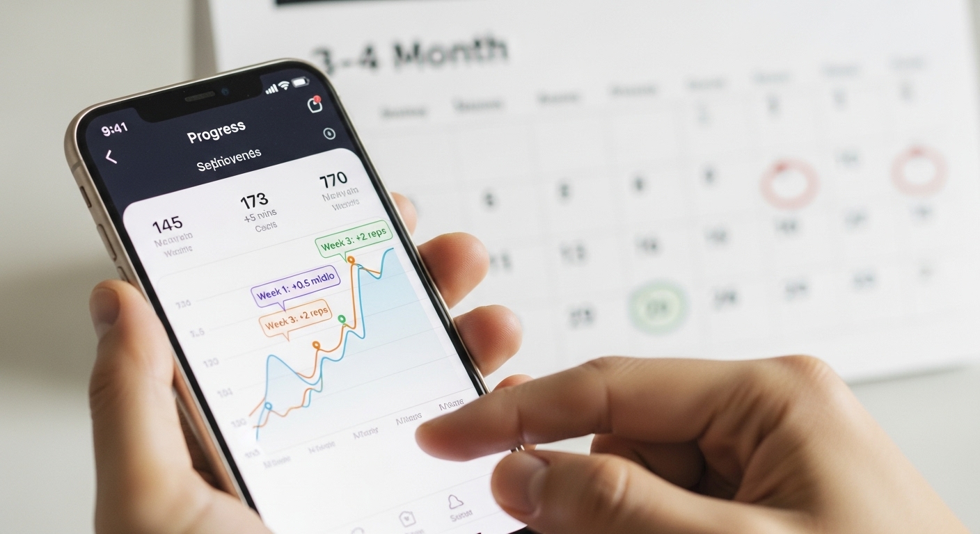 Reality vs Expectations: 7 Powerful Ways to Sustain Growth. 2 Close-up of hands holding smartphone displaying fitness tracking app with gradual progress charts and 3-4 month timeline calendar