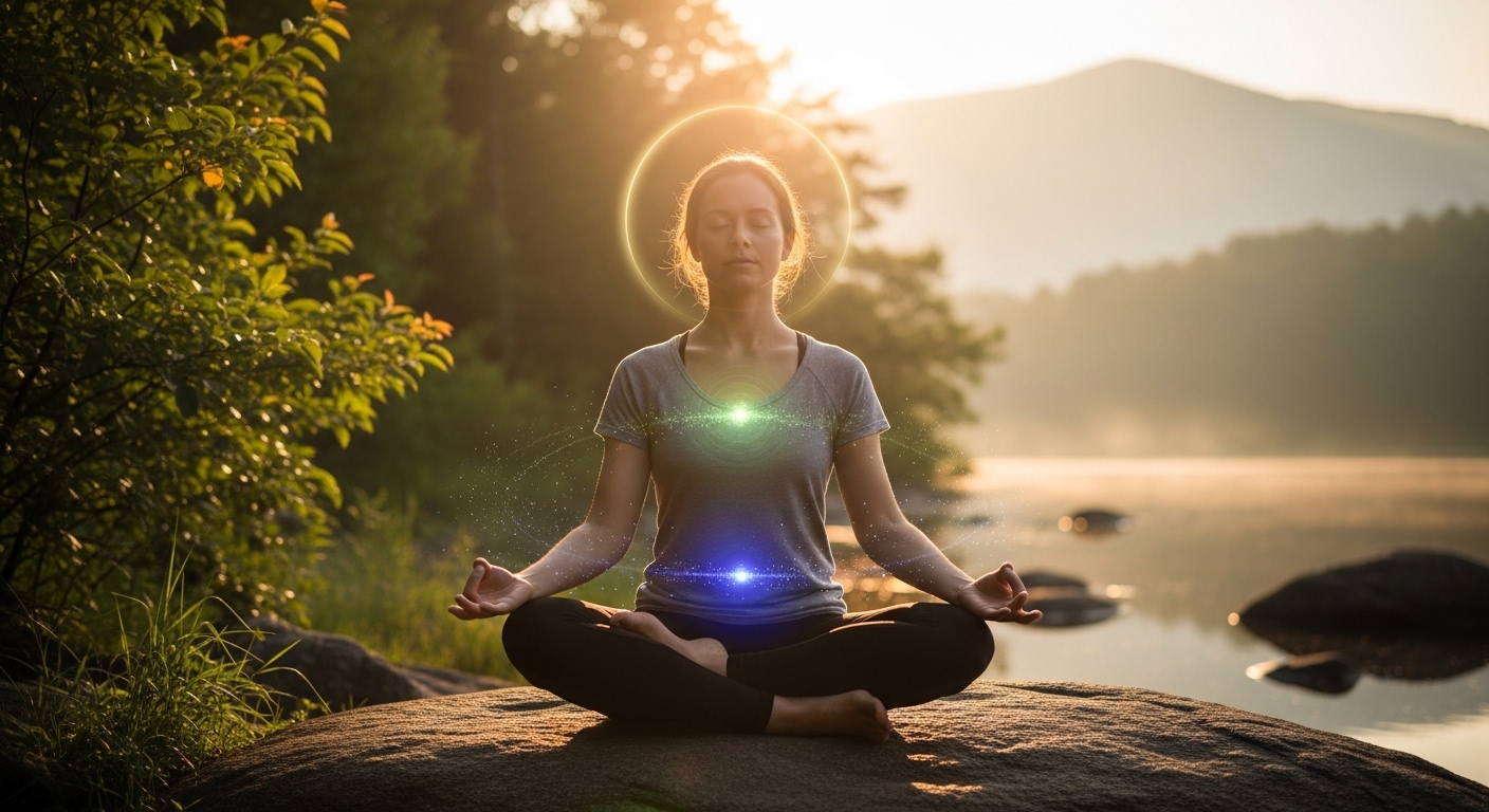 Reality vs Expectations: 7 Powerful Ways to Sustain Growth. 3 Person in peaceful meditation pose during golden hour with soft energy visualization effects showing mind-body energy connection