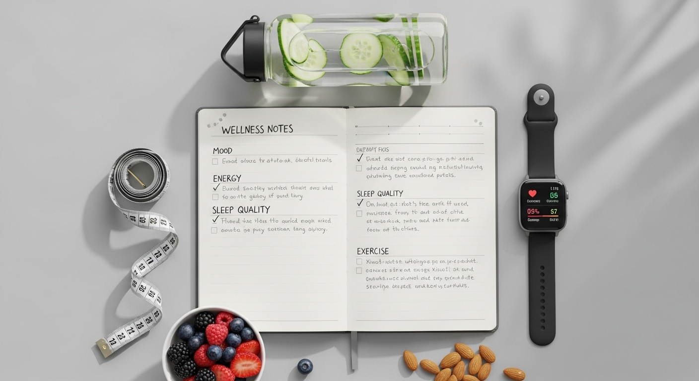 Reality vs Expectations: 7 Powerful Ways to Sustain Growth. 4 Overhead flat lay of wellness journal with handwritten notes, measuring tape, water bottle, healthy snacks, and smartwatch showing multiple health metrics.