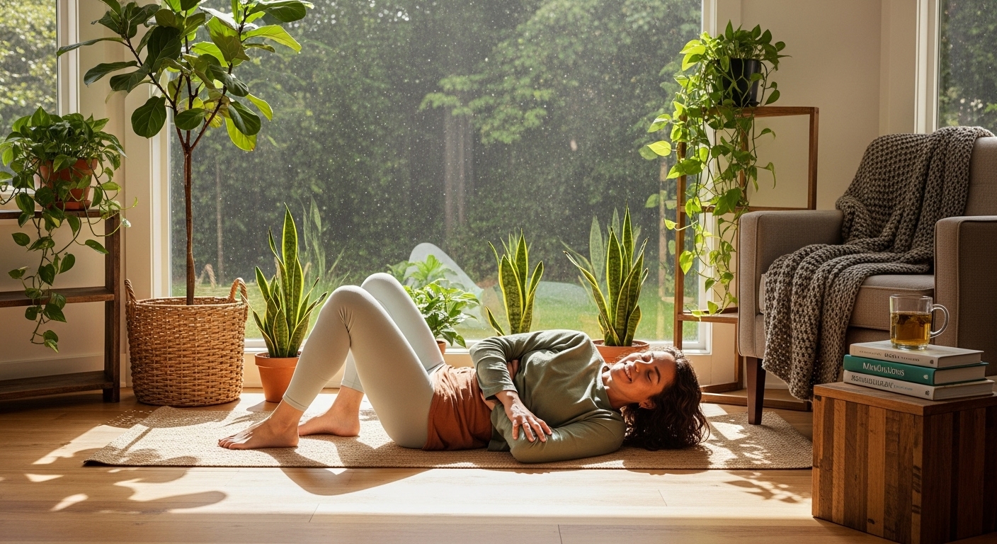 Reality vs Expectations: 7 Powerful Ways to Sustain Growth. 5 Person in comfortable clothes doing gentle stretching or yoga in cozy home environment with plants and soft lighting, emphasizing recovery and self-care