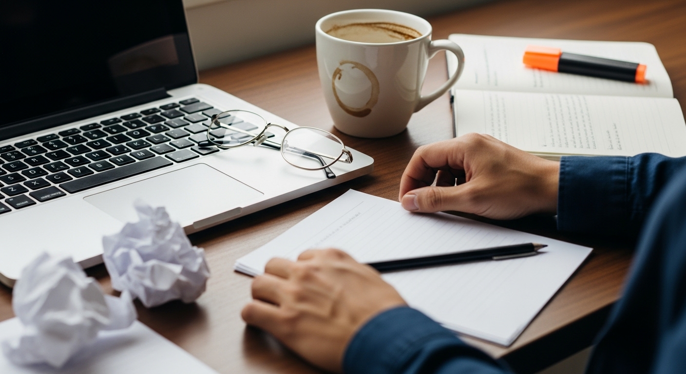 Stress Management Journal: 7 Bold Ways to Unlock Growth. 3 Stress Management Journal brain dump method with messy desk and free-flow writing to release stress.