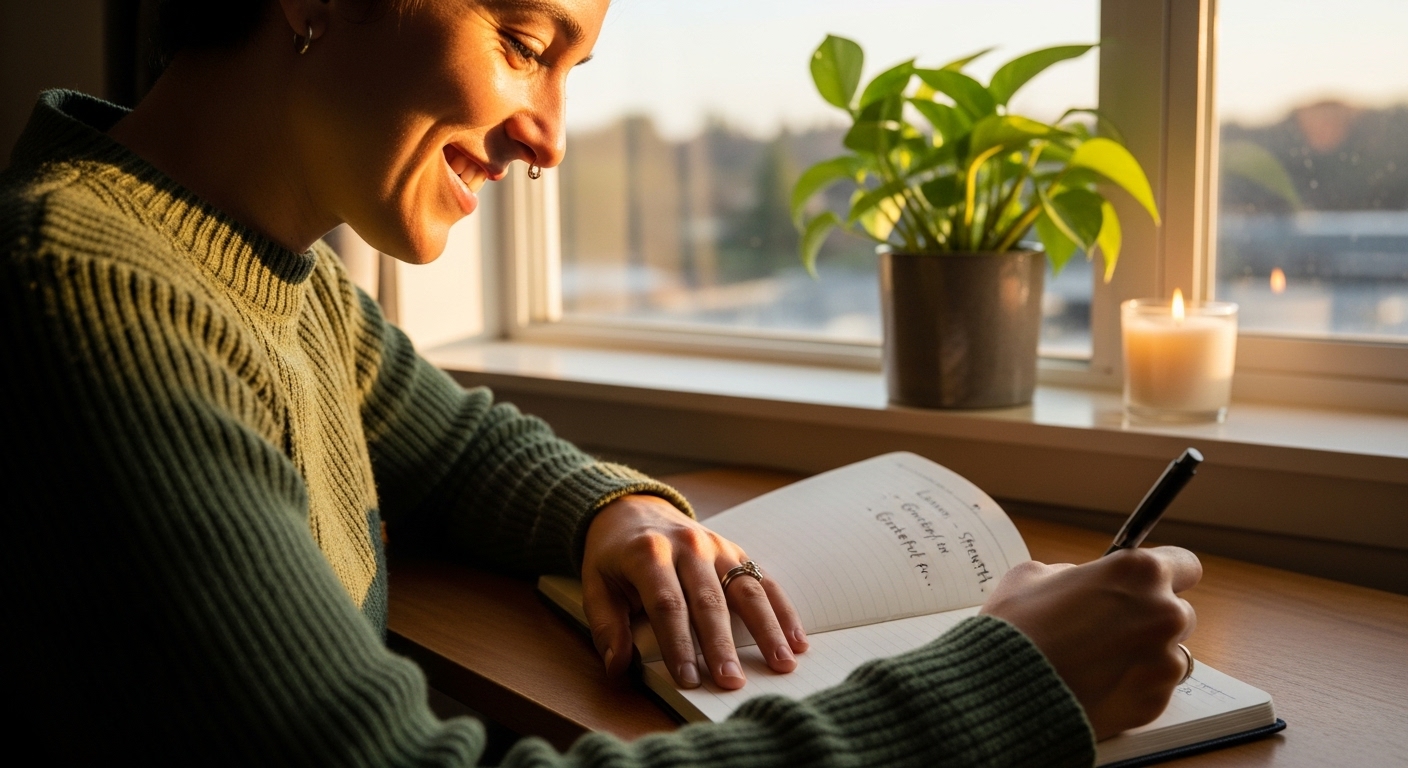 Stress Management Journal: 7 Bold Ways to Unlock Growth. 8 Person journaling gratitude-based Stress Management Journal entries to reframe stress into growth.