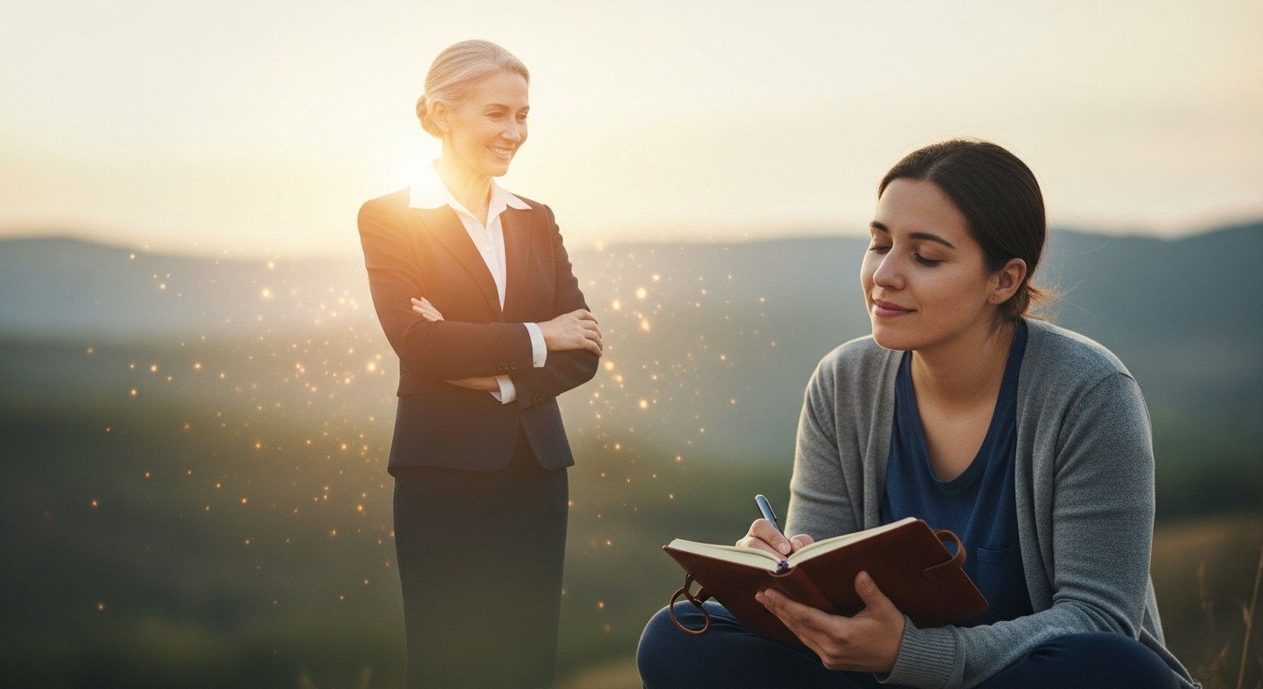 Stress Management Journal: 7 Bold Ways to Unlock Growth. 9 Stress Management Journal future self visualization method showing growth and guidance through journaling.