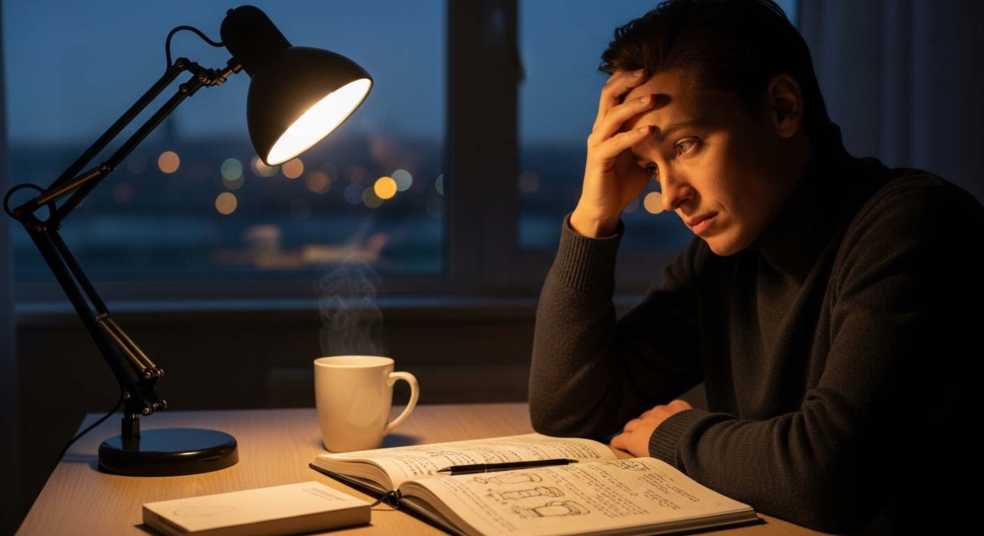 Stress Management Journal: 7 Bold Ways to Unlock Growth. 2 Individual reflecting and writing in a Stress Management Journal at night to calm racing thoughts.