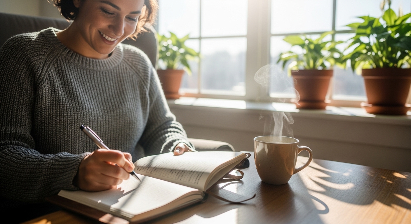 Person journaling mindfully to reflect and lower cortisol through planning and self-awareness.