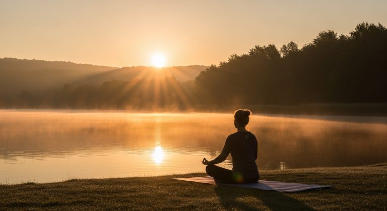 How to Lower Cortisol Naturally: 9 Life Changing Habits for Lasting Calm. 15 Person meditating by a calm lake at sunrise showing how to lower cortisol naturally through relaxation and mindfulness.