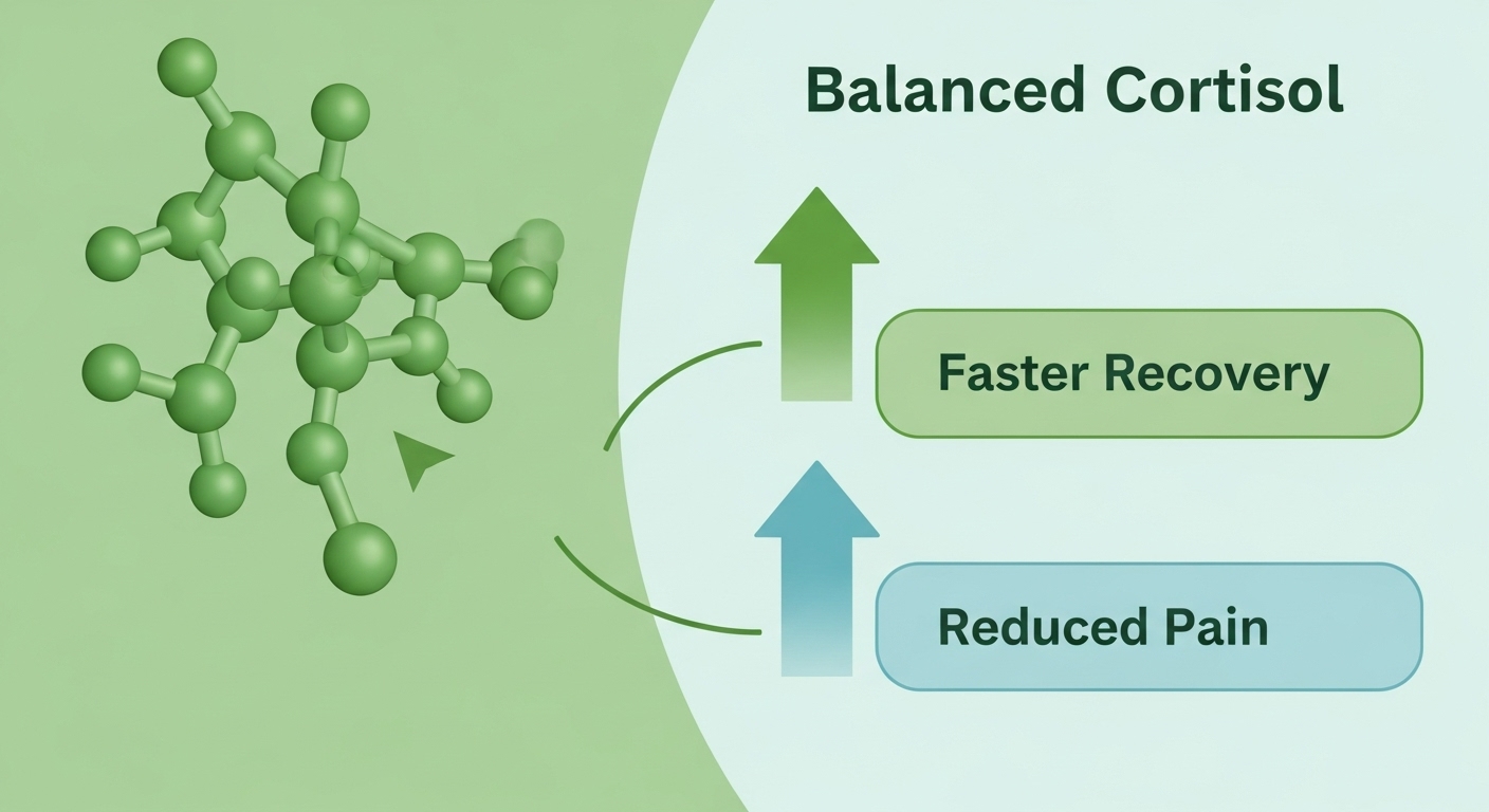 Diagram showing elevated cortisol leading to slower tissue repair and increased inflammation versus balanced cortisol promoting faster recovery and reduced pain.