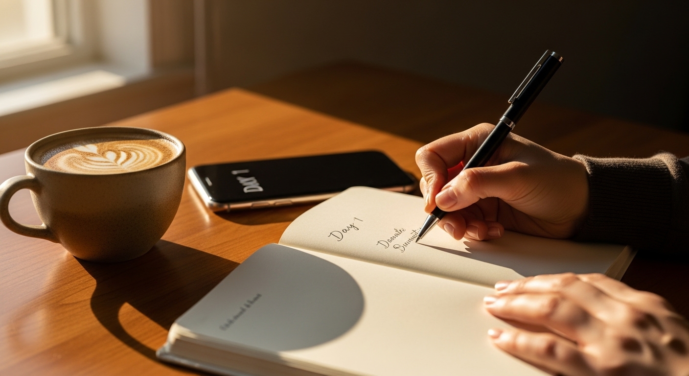 Micro Habits 5 best recovery practices: Sustainable Mindset Development. 1 Person writing in journal with coffee cup symbolizing micro habits recovery and fresh start