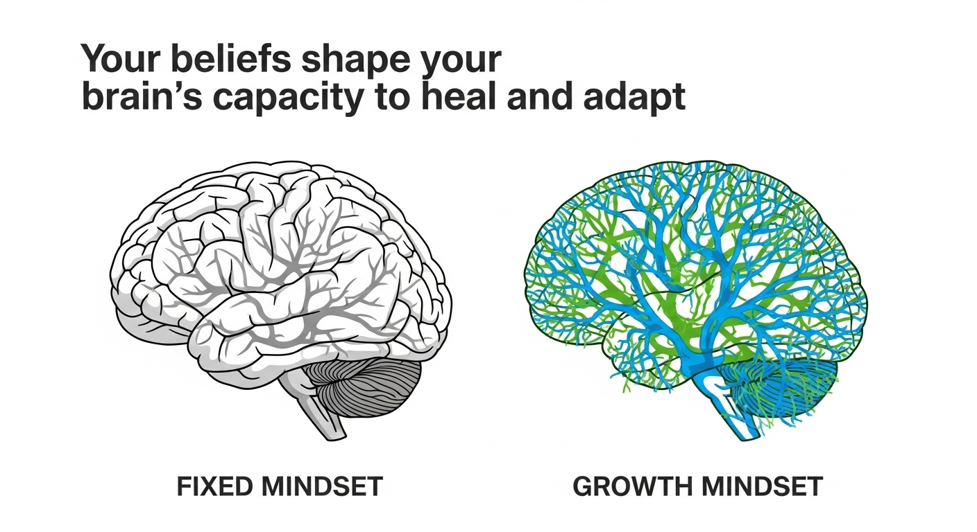 Side-by-side comparison of fixed mindset brain showing rigid neural pathways versus growth mindset brain with adaptive branching pathways during injury recovery