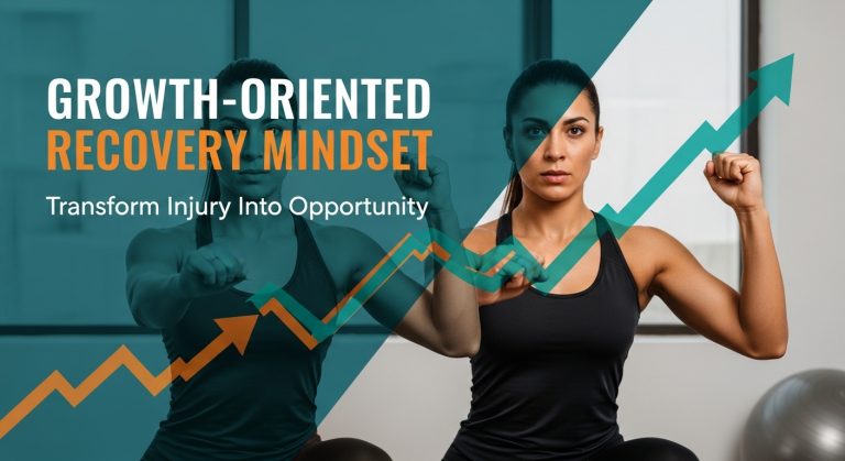 Growth Oriented Recovery: Rebuild Your Mindset After Injury. 1 Featured image showing athlete's transformation journey from challenging rehabilitation to confident recovery, illustrating growth-oriented recovery mindset with text overlay "Growth-Oriented Recovery Mindset - Transform Injury Into Opportunity"