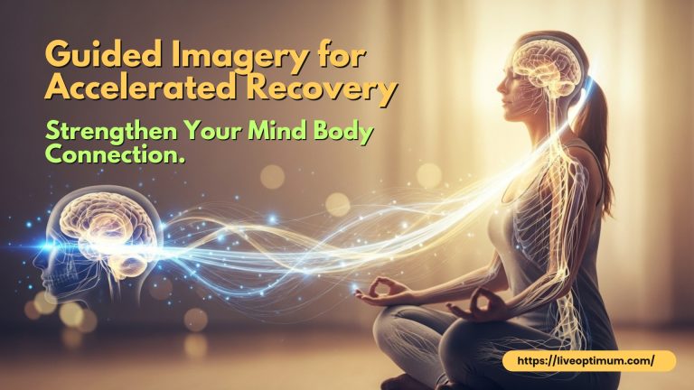 Guided Imagery for Accelerated Recovery: Strengthen Your Mind Body Connection. 12 Person meditating with glowing energy showing mind body connection pathways for healing and recovery