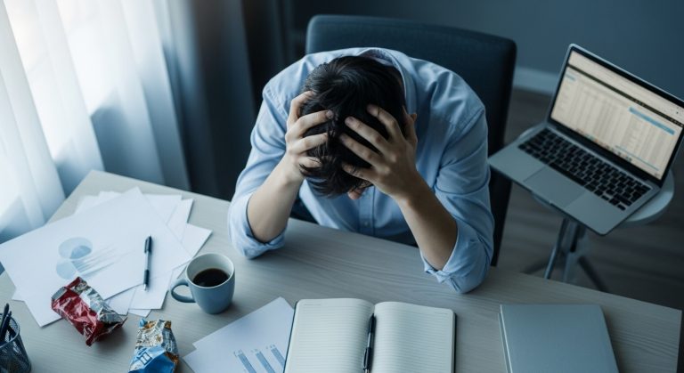 Mental Performance: 7 Fearless Breaks to Reset the Mind. 8 Exhausted professional experiencing mental fatigue at cluttered desk workspace, representing the need for mental performance breaks