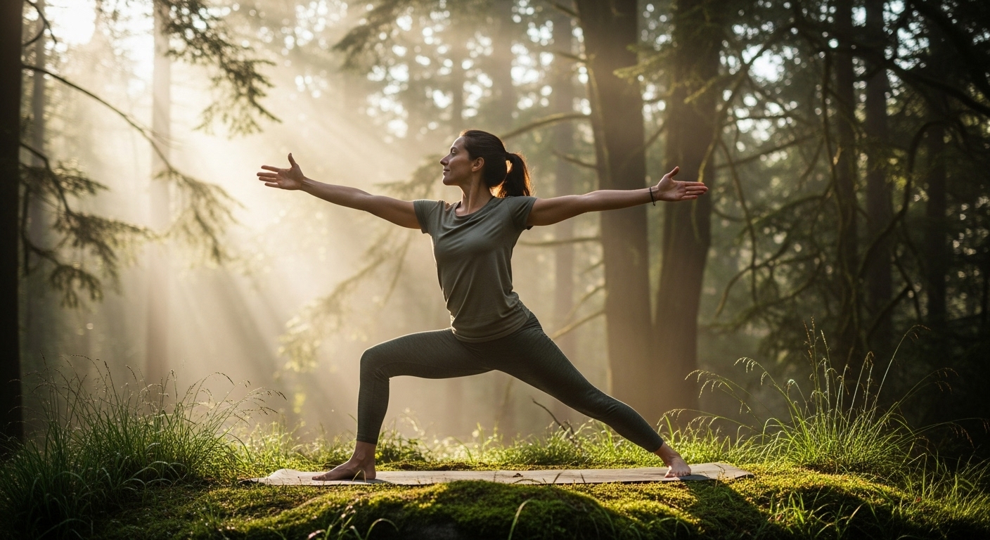 Woman practicing yoga in nature to lower cortisol and calm the nervous system.