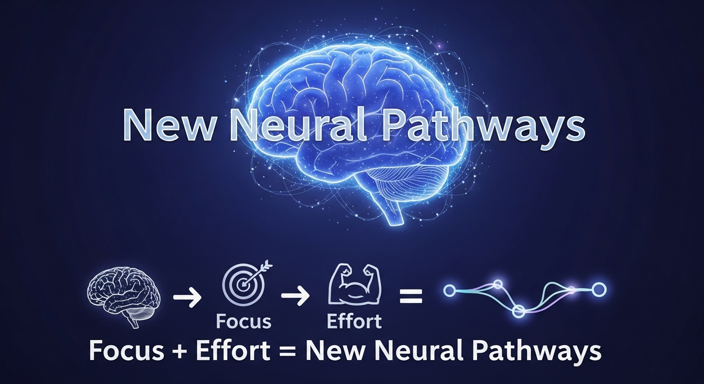 Illustrated brain with glowing neural connections showing neuroplasticity during rehabilitation with text explaining how focus and belief accelerate neural rewiring