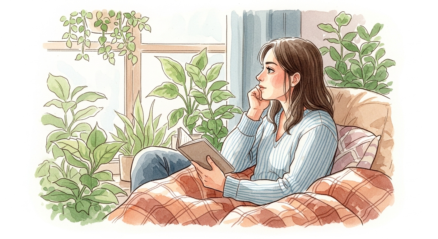 Person practicing compassionate self-inquiry in a peaceful setting with journal and thoughtful expression