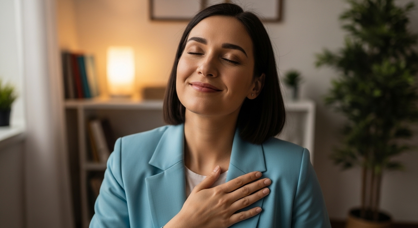 Mental Performance: 7 Fearless Breaks to Reset the Mind. 5 Professional practicing gratitude interrupt technique with hand over heart and peaceful expression for mental performance reset