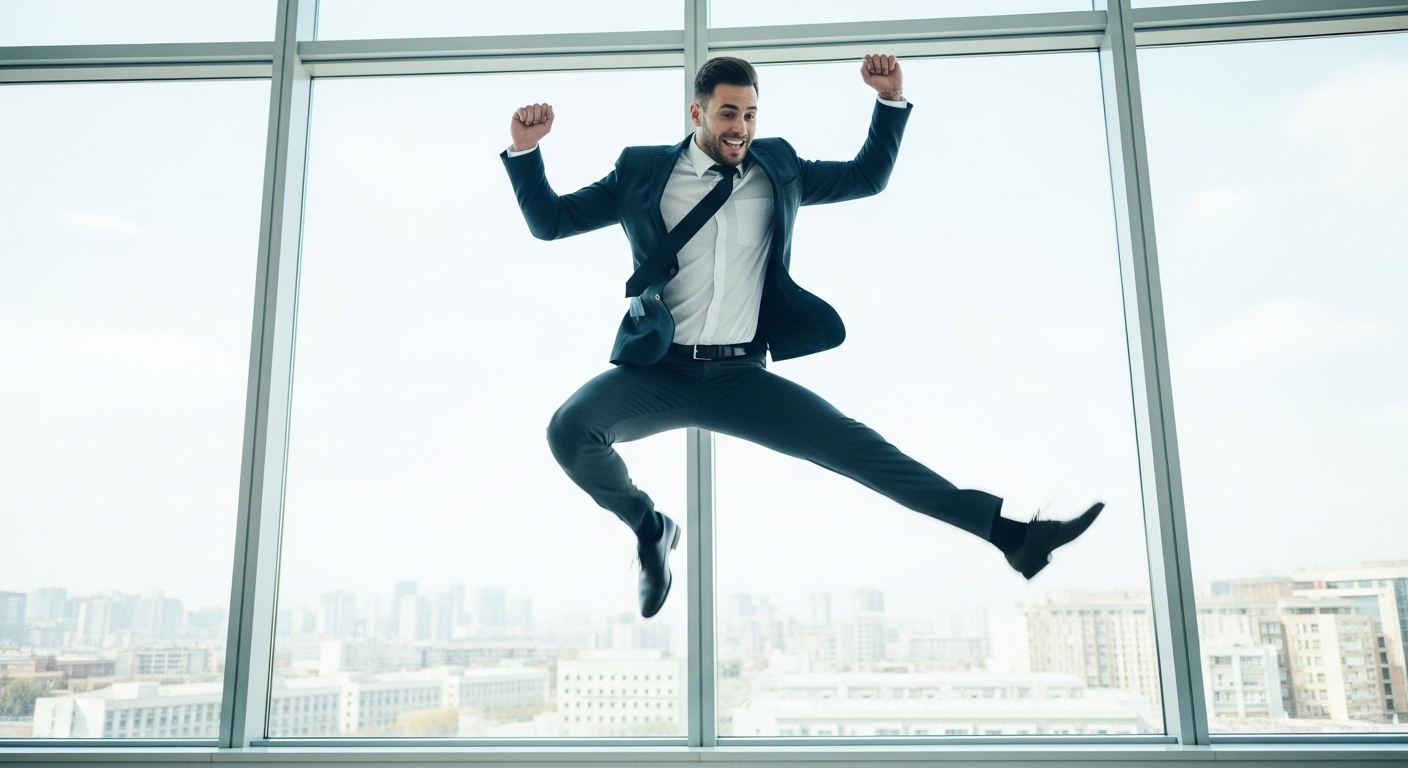 Mental Performance: 7 Fearless Breaks to Reset the Mind. 3 Professional performing jumping jacks in office environment as part of micro movement reset for improved mental performance.