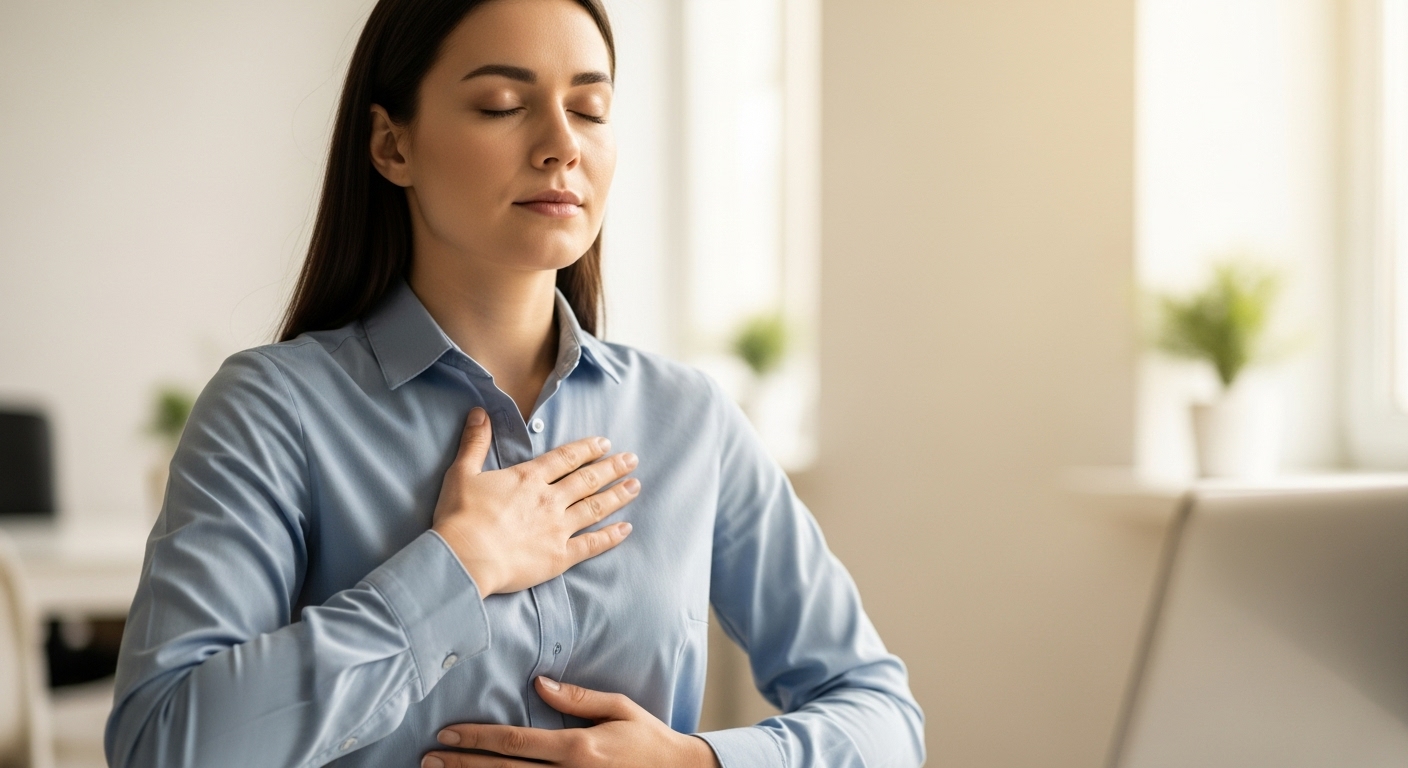 Mental Performance: 7 Fearless Breaks to Reset the Mind. 2 Professional practicing Power Breath technique with hands positioned on chest and belly for mental performance reset