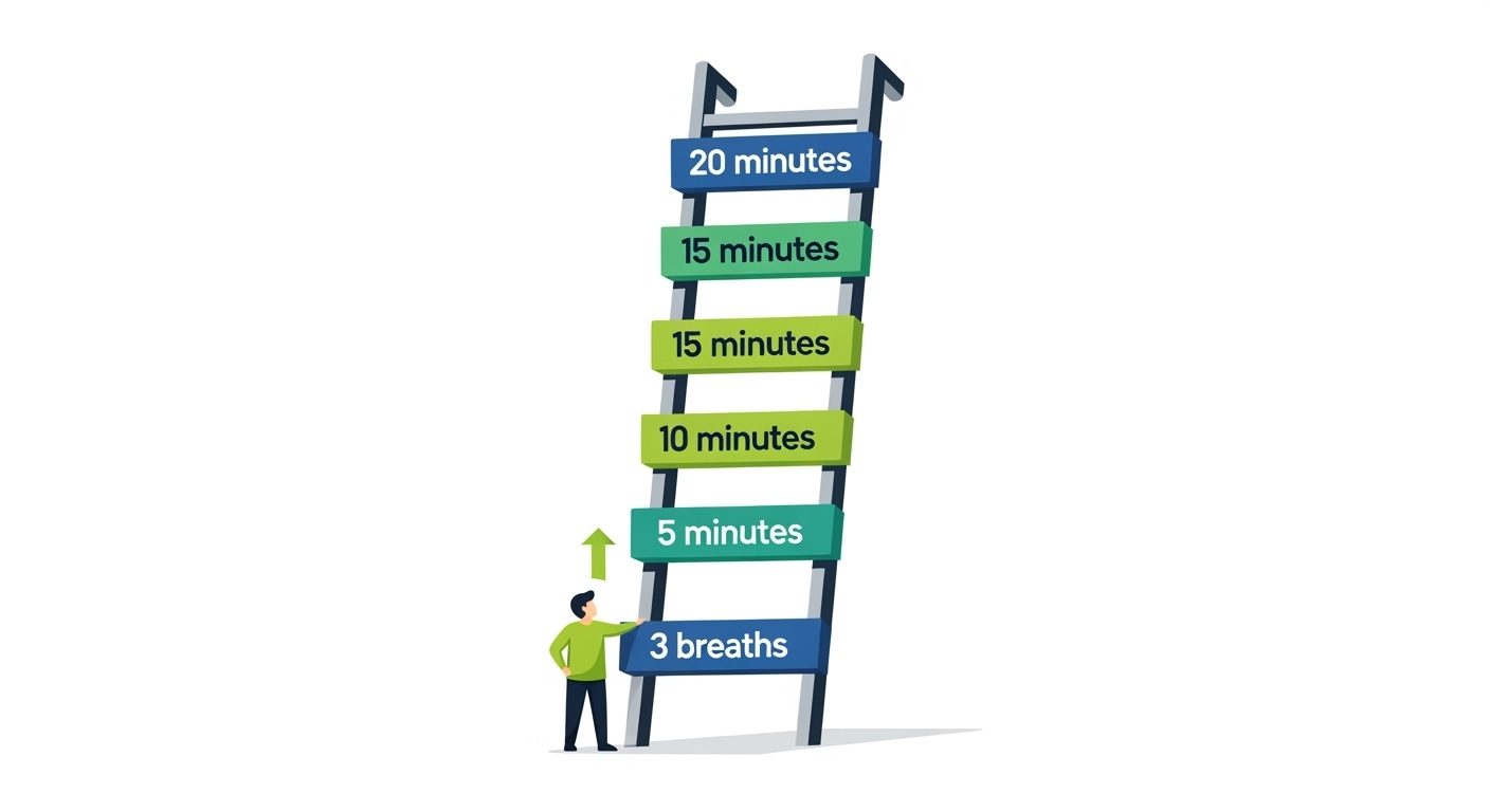 Infographic ladder showing progression from minimum viable habit of 3 breaths to full 20 minute practice