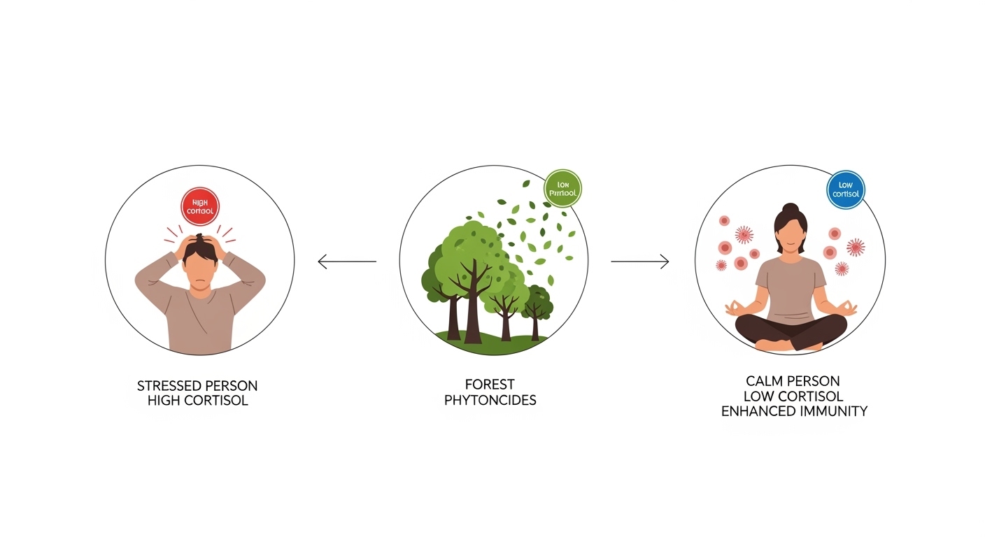 Scientific diagram showing forest bathing health benefits including cortisol reduction, phytoncide exposure, and immune system enhancement