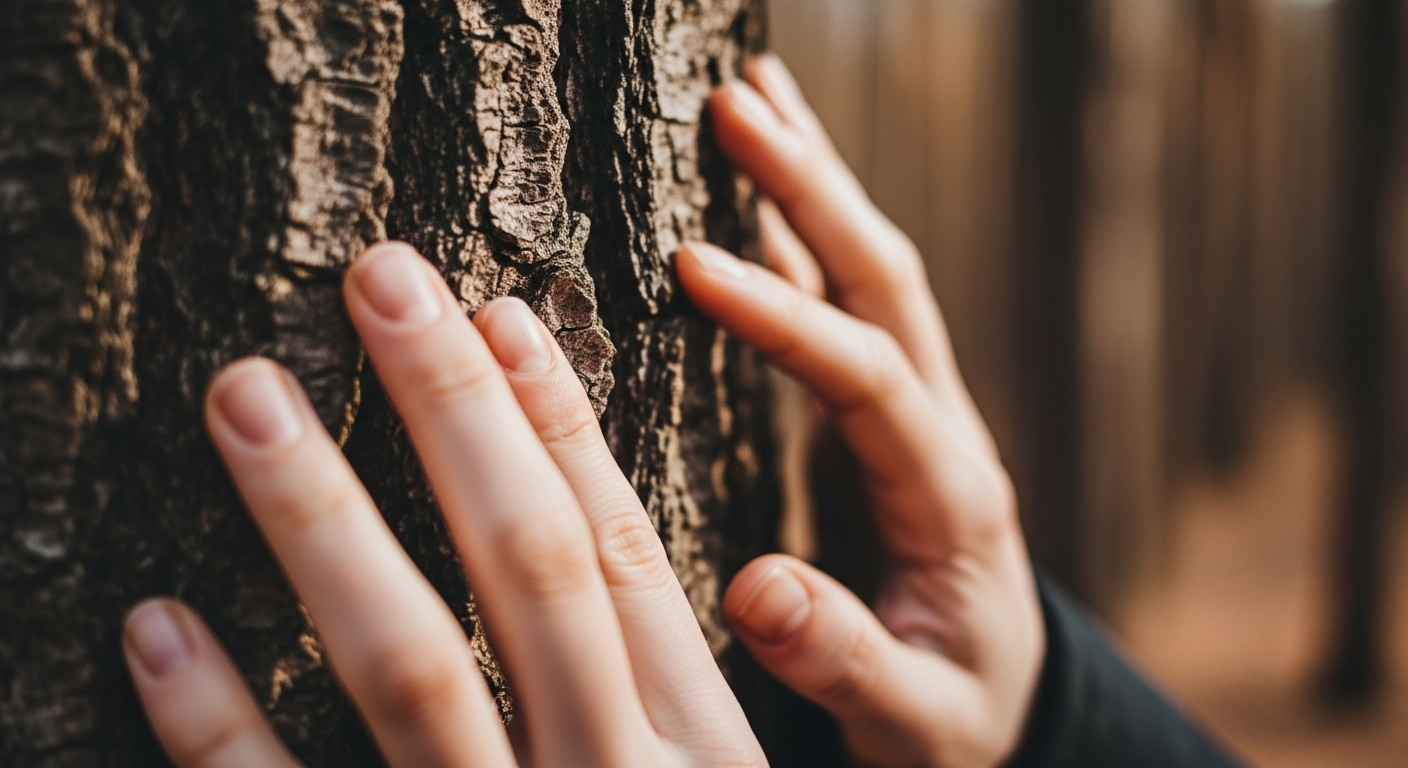 Close-up of hands touching tree bark during forest bathing practice showing sensory engagement and tactile nature connection