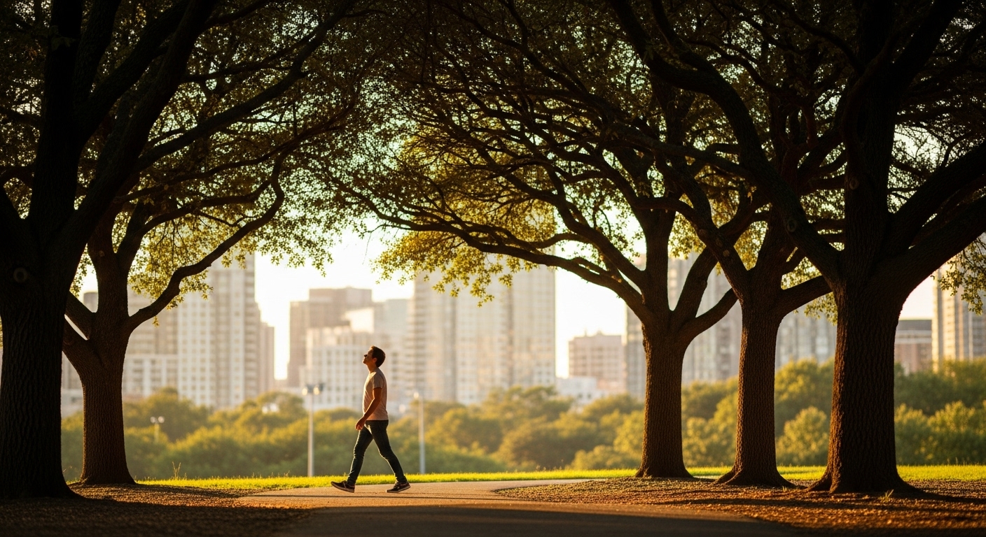 Person practicing forest bathing in urban city park with mature trees, showing accessible nature therapy for city dwellers