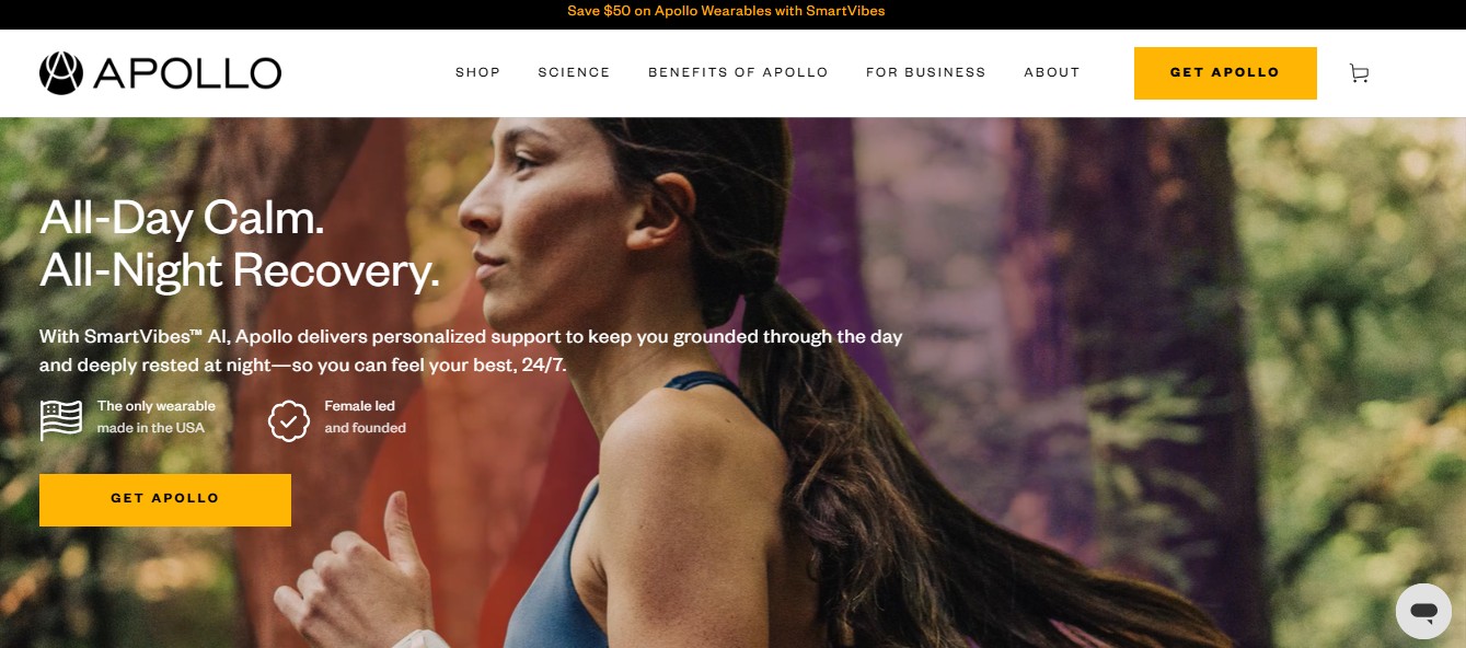 Apollo Neuro mental wellness app and wearable device interface showing haptic vibration therapy modes for energy, focus, sleep, and stress recovery with customizable session duration settings.