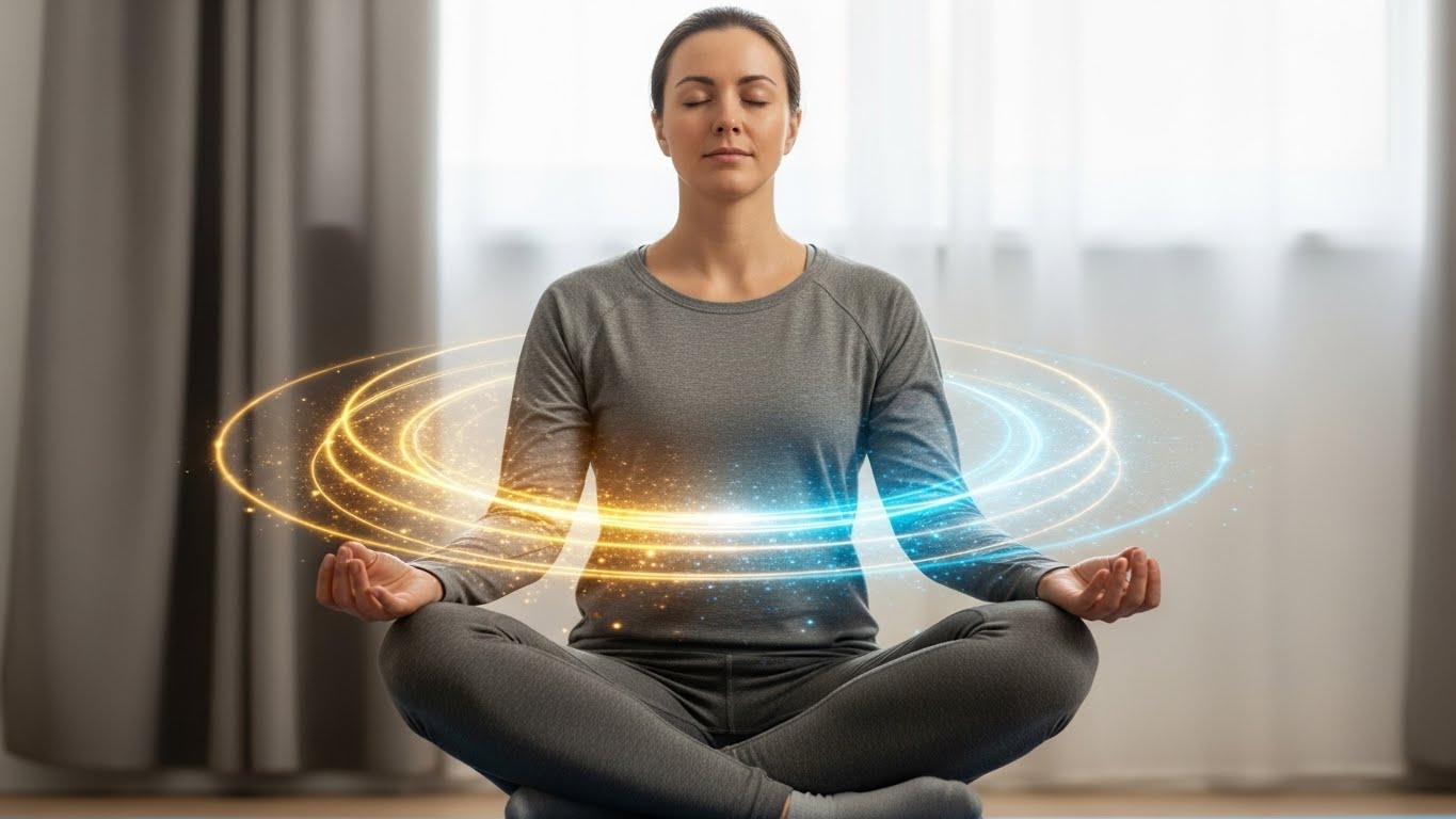 Person meditating peacefully with subtle energy visualization showing balanced calm and vitality achieved through breath pacing practice