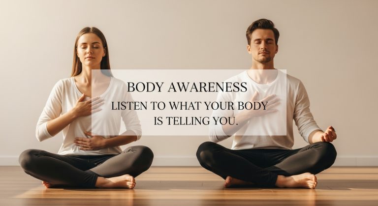 Person practicing body awareness meditation with hands on chest and belly demonstrating mindful breathing technique