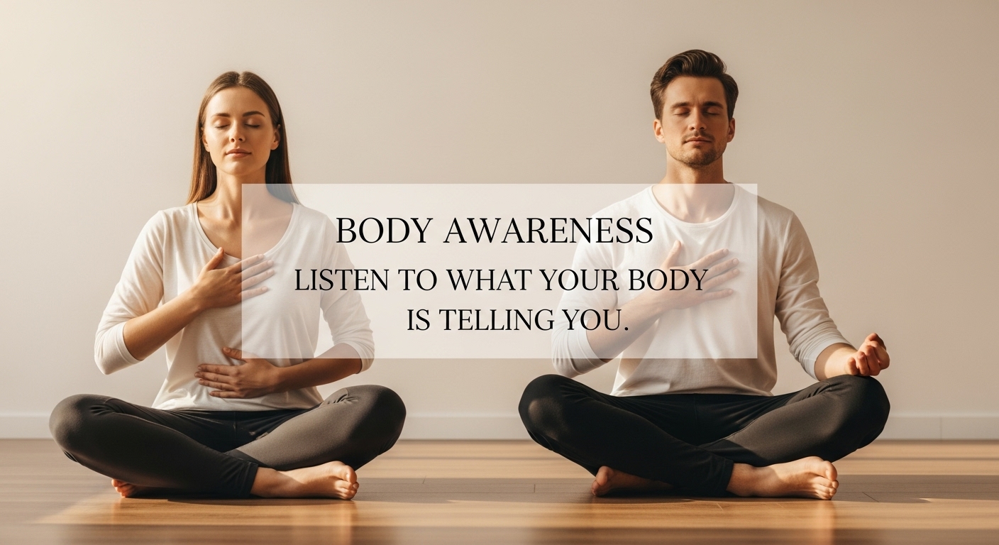 Person practicing body awareness meditation with hands on chest and belly demonstrating mindful breathing technique