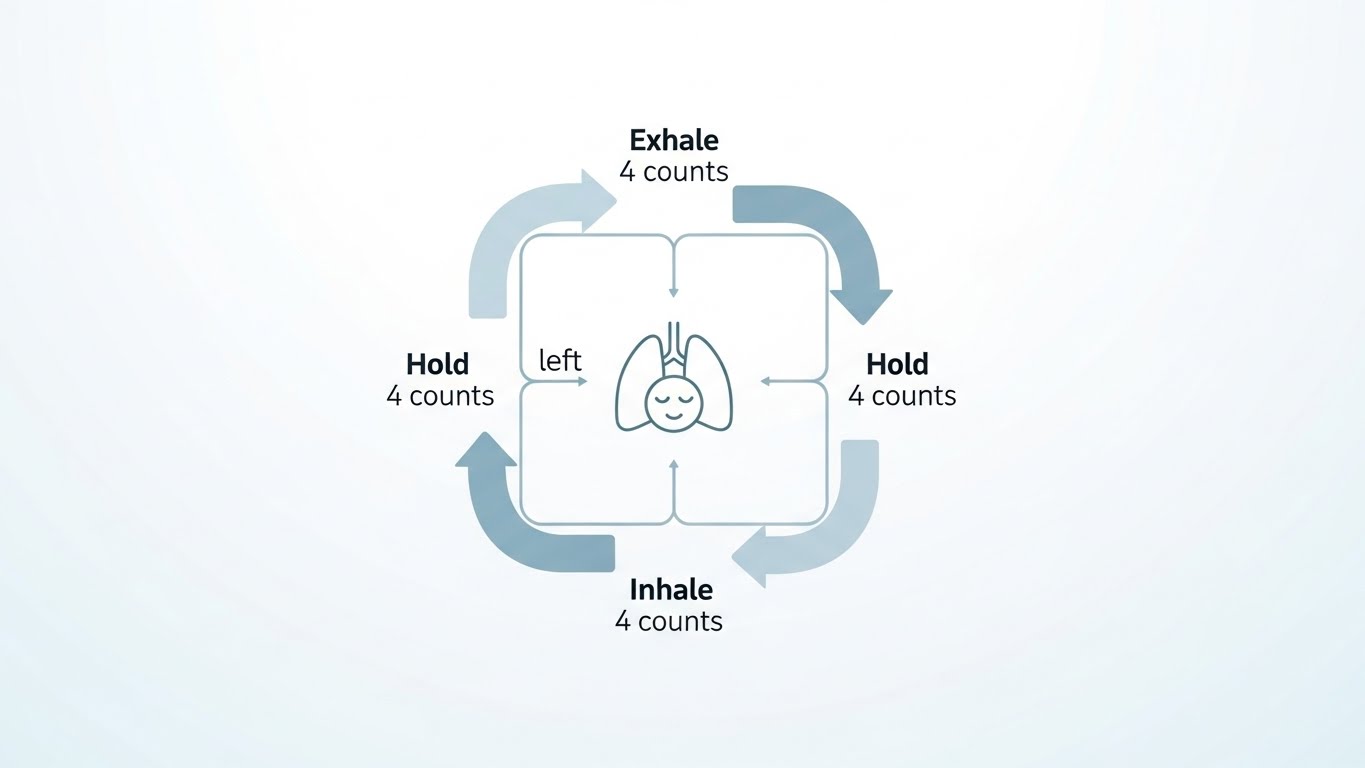 Box breathing diagram showing four equal phases of inhale, hold, exhale, and hold for four counts each in a square pattern.