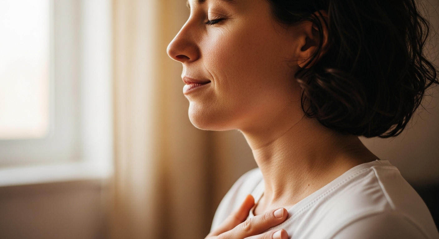 Close up of person practicing conscious breathwork with hand on chest demonstrating body awareness through breathing techniques
