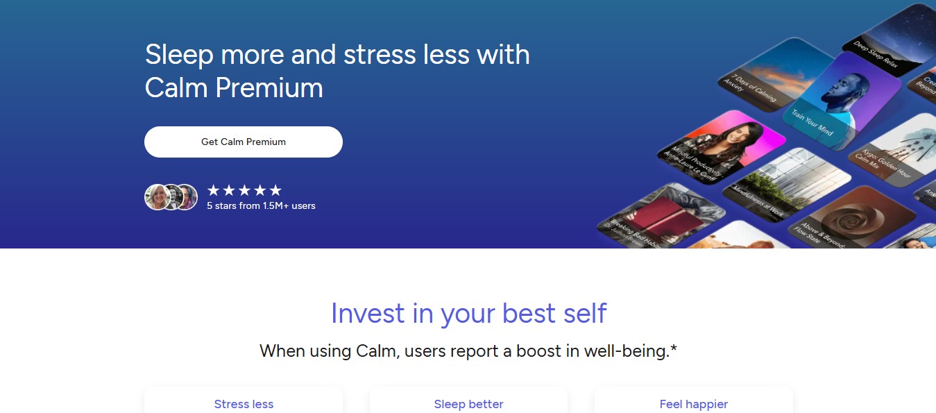 Calm mental wellness app homepage displaying Daily Calm meditation, expert masterclasses, sleep stories, and movement routines for comprehensive stress management and focus improvement.